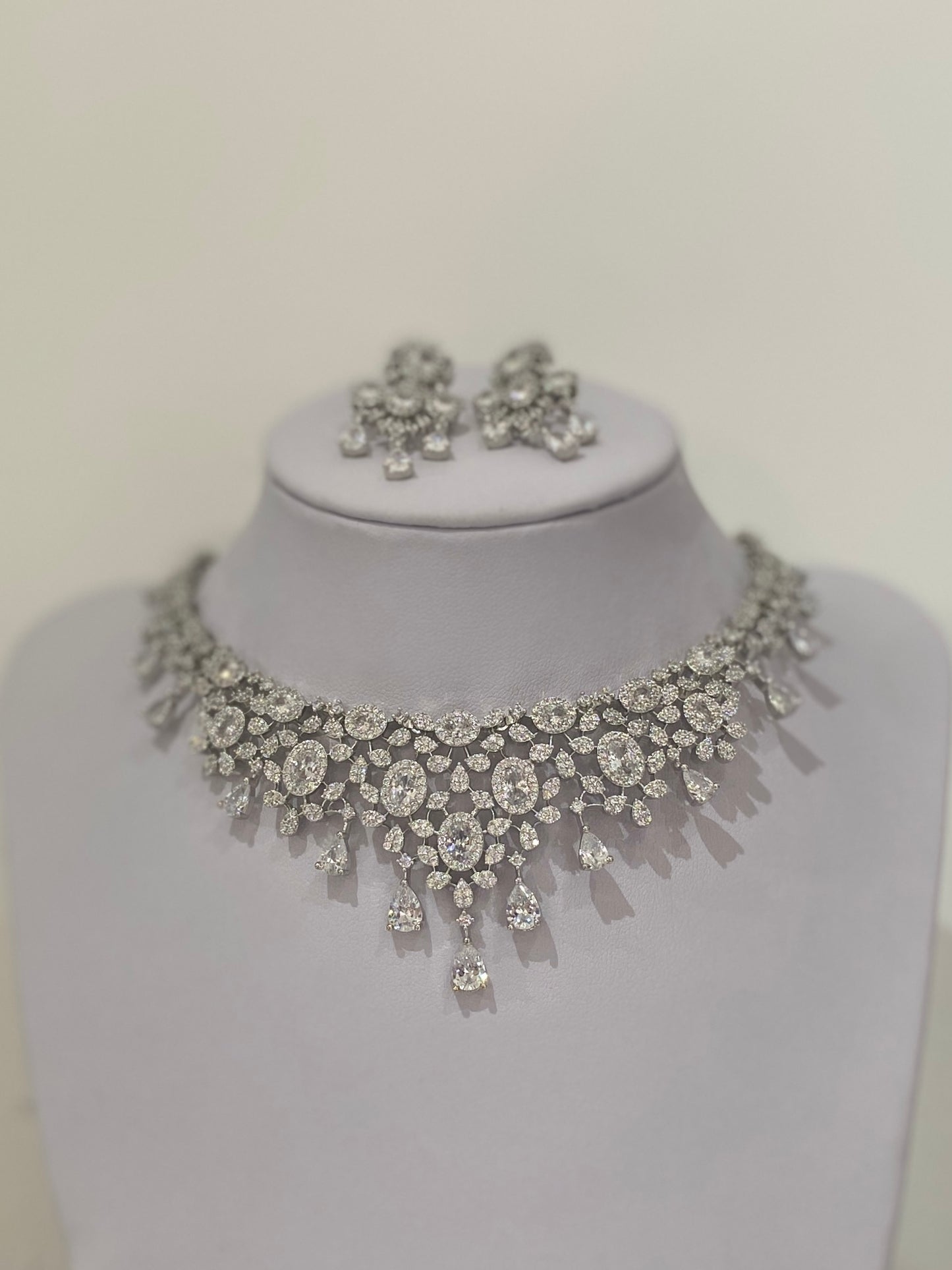 Silver American Diamond Teardrop Necklace Set