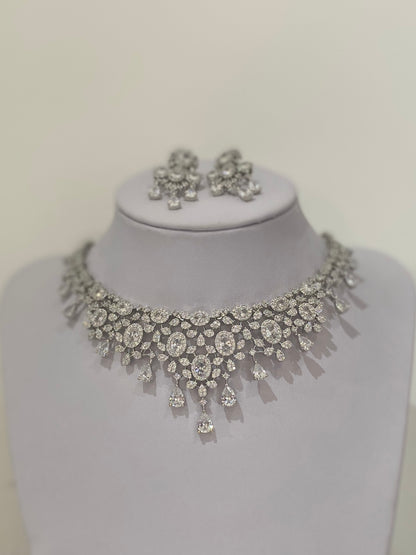 Silver American Diamond Teardrop Necklace Set