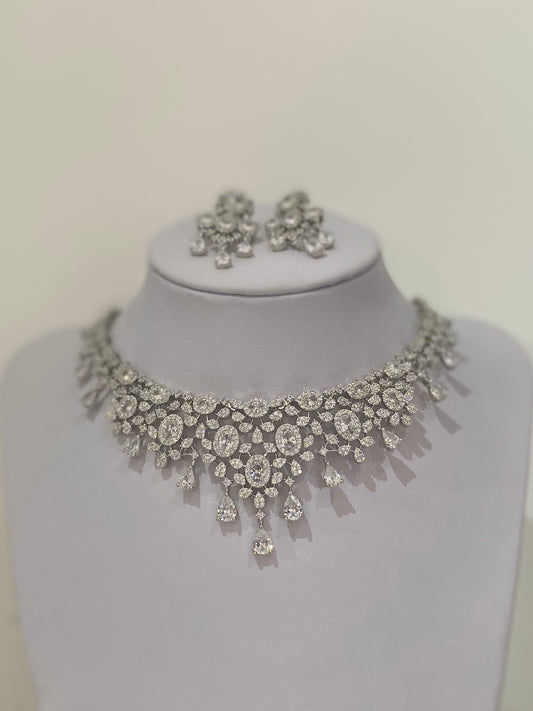 Silver American Diamond Teardrop Necklace Set