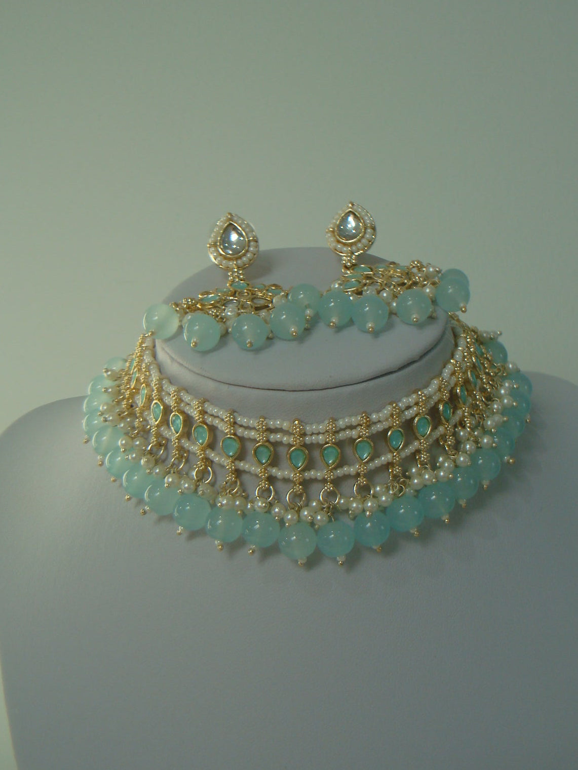 Pale Blue Pearl Kundan Lotus Necklace Set