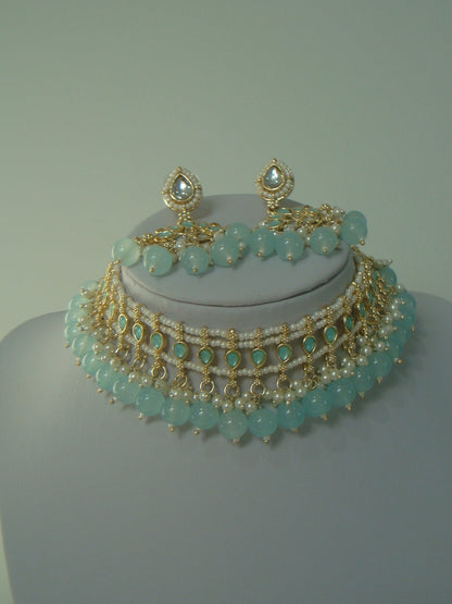 Pale Blue Pearl Kundan Lotus Necklace Set