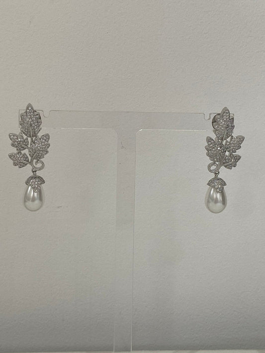 Silver American Diamond Pearl Drop Earrings