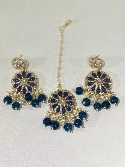 Navy Kundan Pearl Necklace Earrings & Tikka Set
