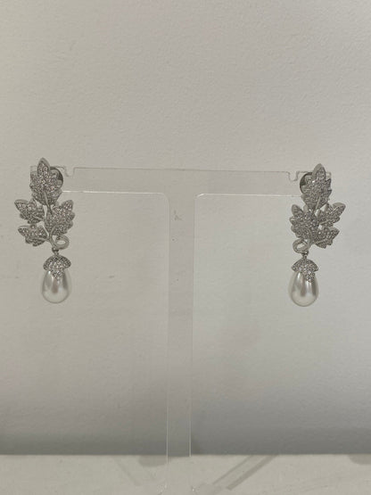 Silver American Diamond Pearl Drop Earrings