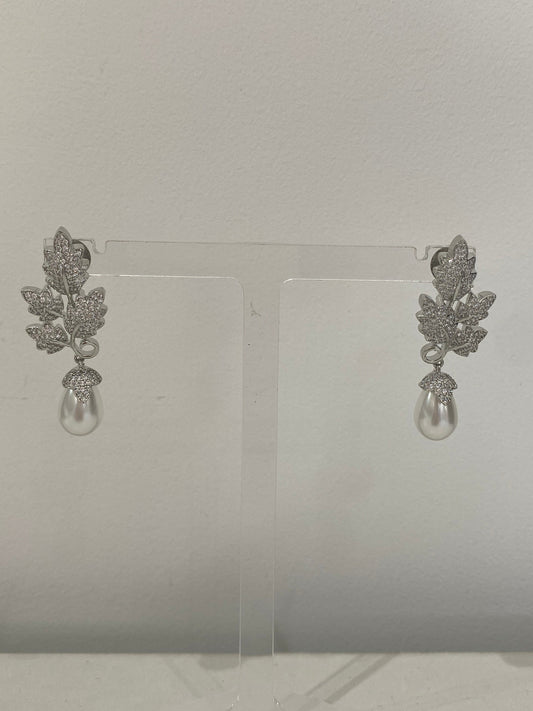 Silver American Diamond Pearl Drop Earrings