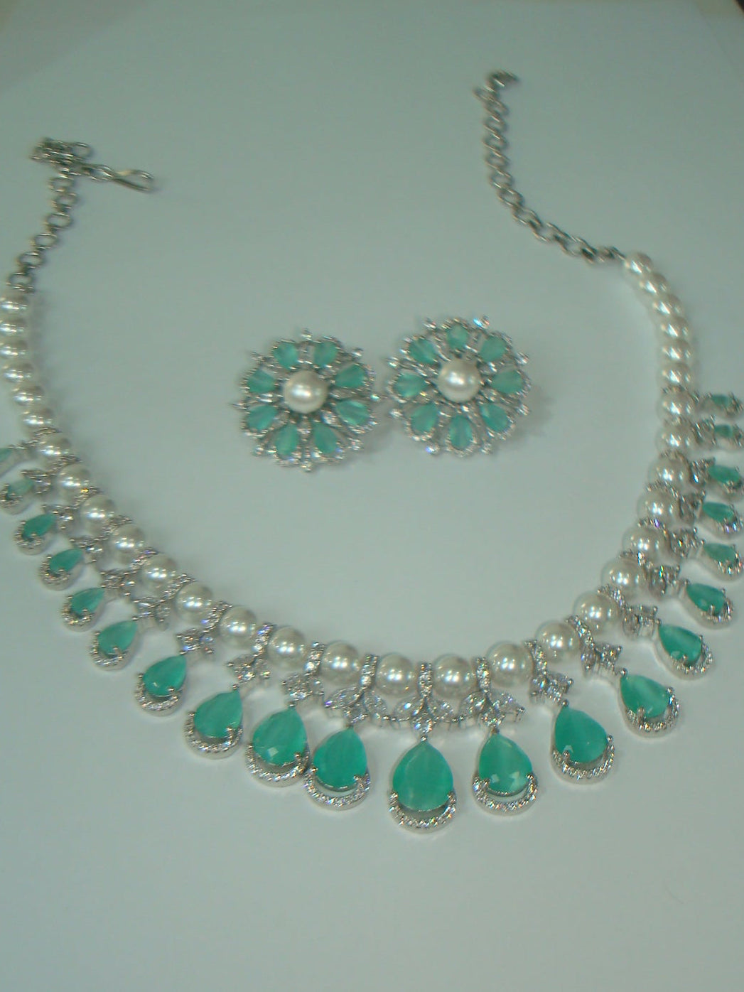 Mint Green AD Pearl Necklace Set