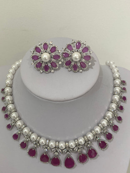 Ruby American Diamond Pearl Necklace Set