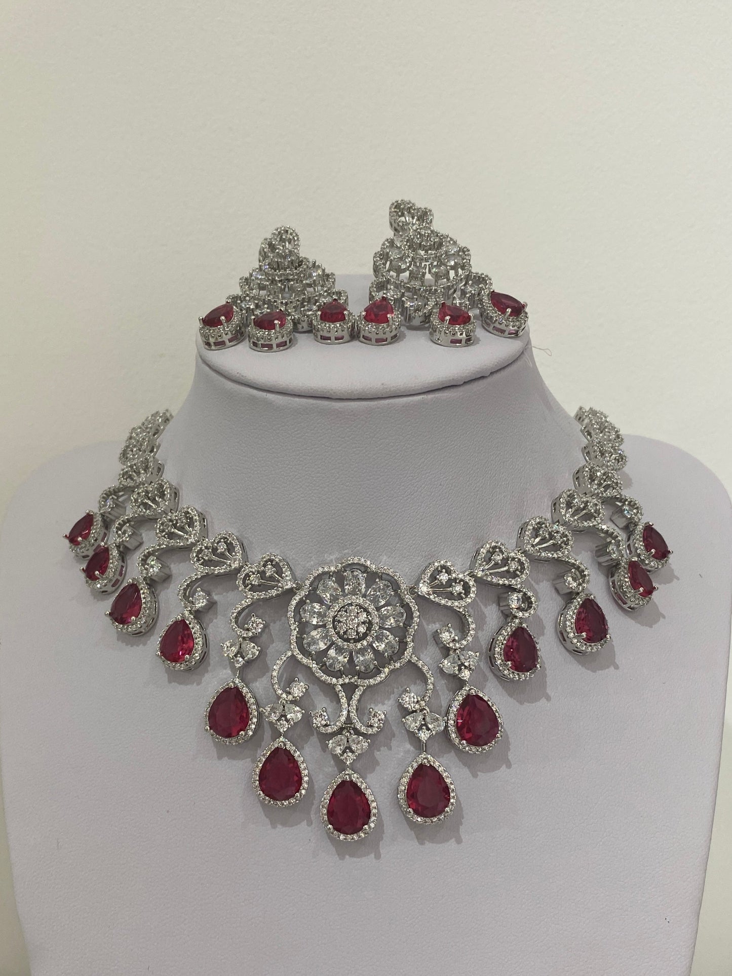 Deep Red American Diamond Necklace Set