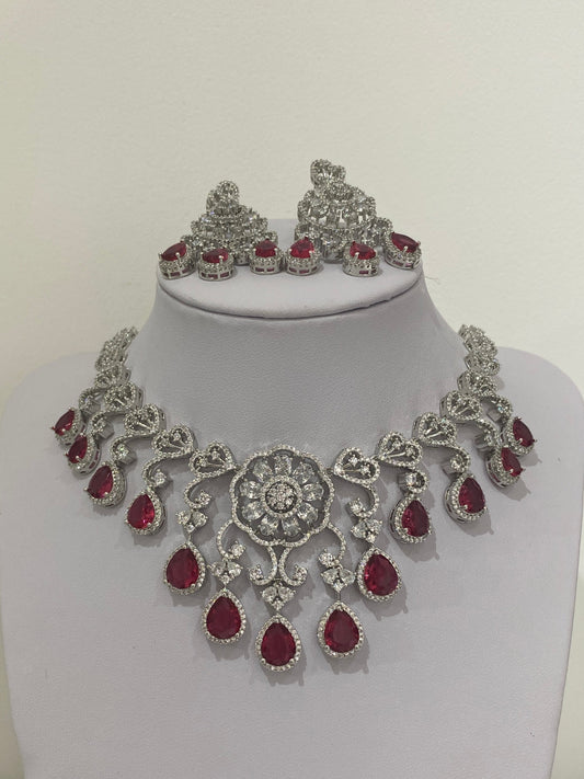 Deep Red American Diamond Necklace Set